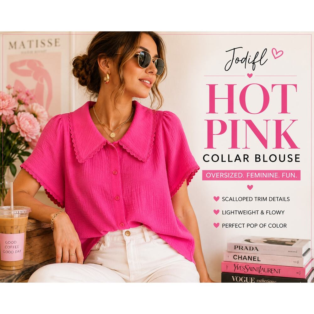 Jodifl Hot Pink Oversized Peter Pan Collar Blouse Size Small